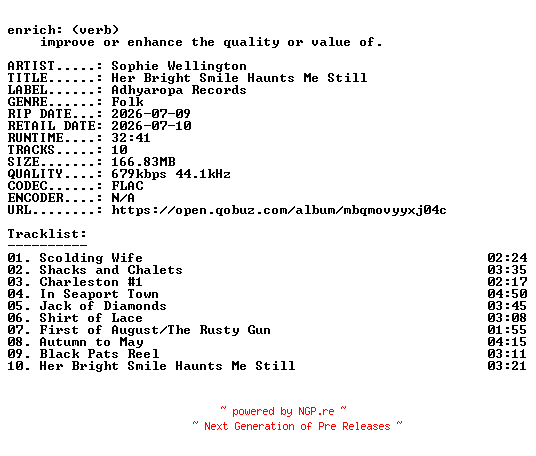 NFO for the release Sophie_Wellington-Her_Bright_Smile_Haunts_Me_Still-16BIT-WEB-FLAC-2026-ENRiCH by ENRiCH