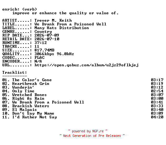 NFO for the release Trever_M._Keith-We_Drank_From_a_Poisoned_Well-24BIT-WEB-FLAC-2026-ENRiCH by ENRiCH