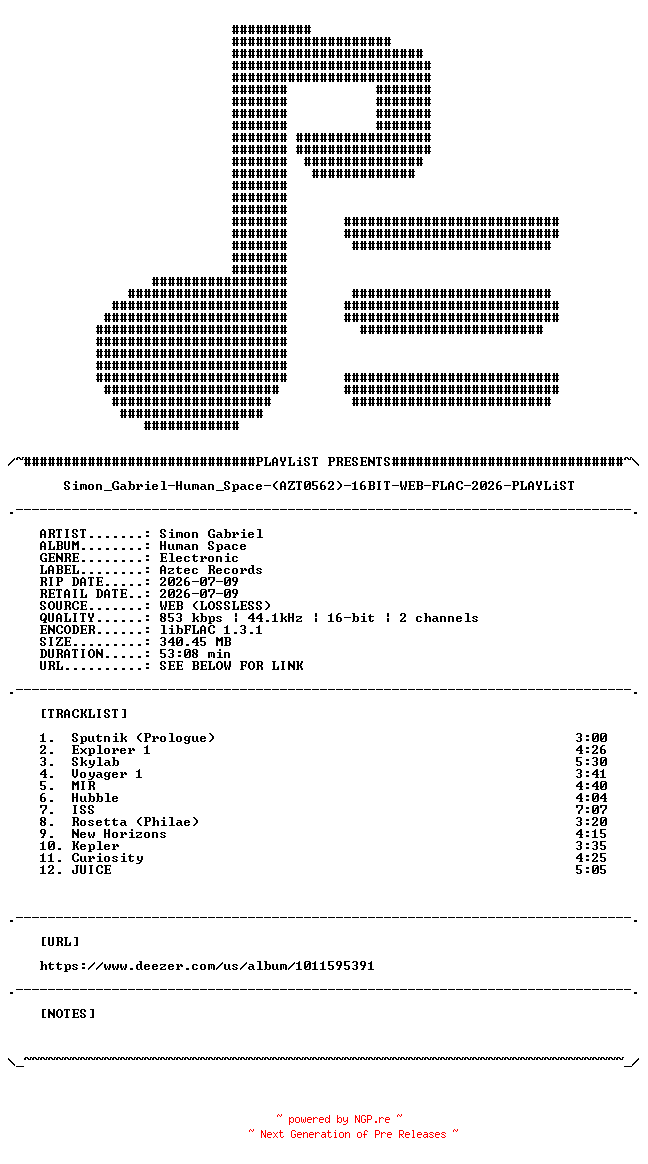 NFO for the release Simon_Gabriel-Human_Space-(AZT0562)-16BIT-WEB-FLAC-2026-PLAYLiST by PLAYLiST