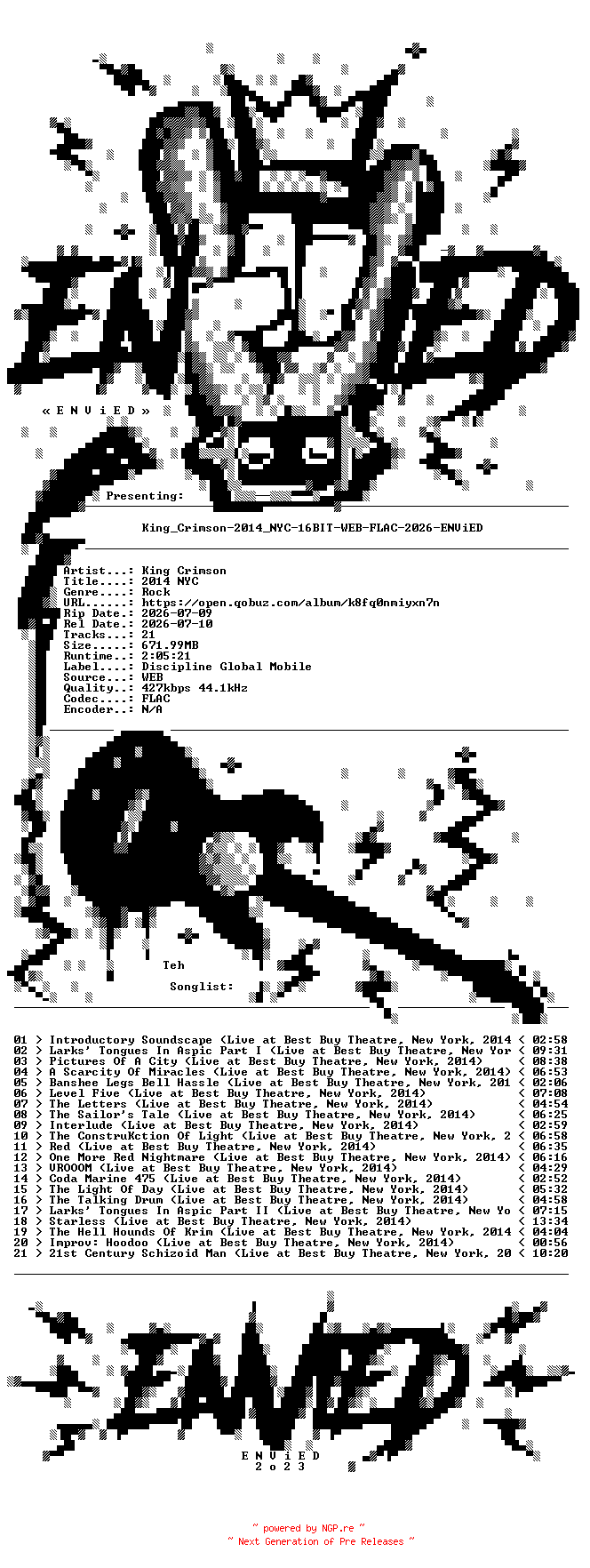 NFO for the release King_Crimson-2014_NYC-16BIT-WEB-FLAC-2026-ENViED by ENViED