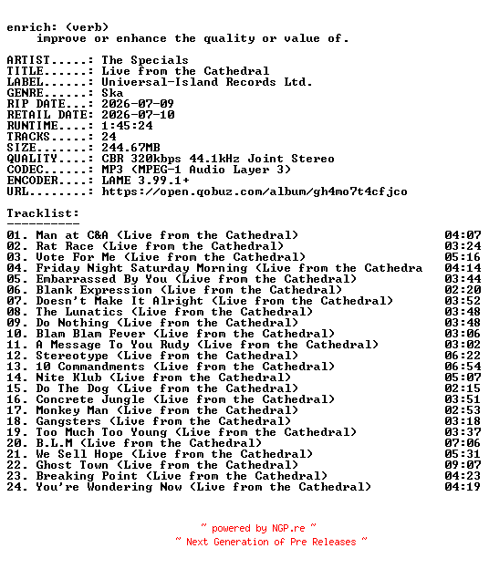 NFO for the release The_Specials-Live_from_the_Cathedral-WEB-2026-ENRiCH by ENRiCH