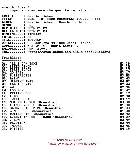 NFO for the release Justin_Bieber-SWAG_LIVE_FROM_COACHELLA_(Weekend_II)-WEB-2026-ENRiCH by ENRiCH