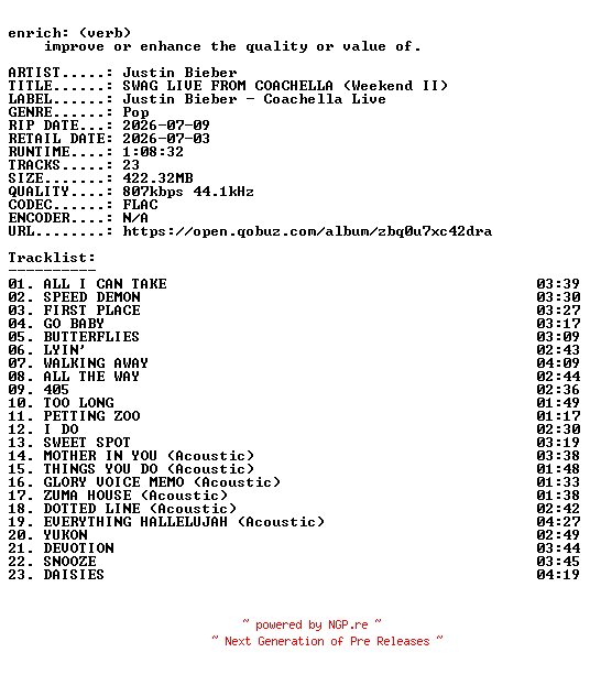 NFO for the release Justin_Bieber-SWAG_LIVE_FROM_COACHELLA_(Weekend_II)-16BIT-WEB-FLAC-2026-ENRiCH by ENRiCH