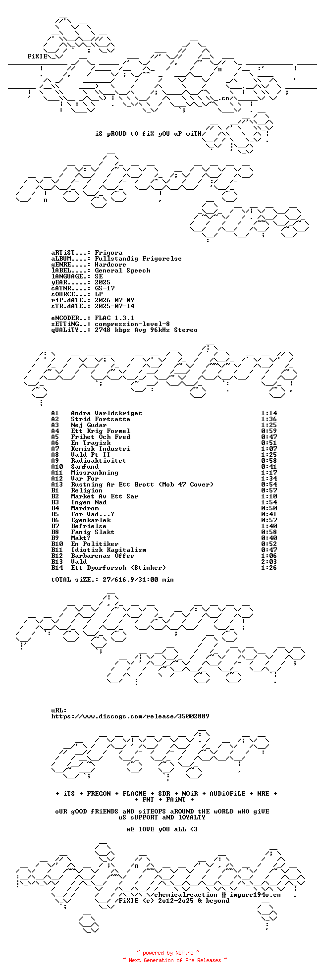 NFO for the release Frigora-Fullstandig_Frigorelse-SE-LP-FLAC-2025-FIXIE by FIXIE