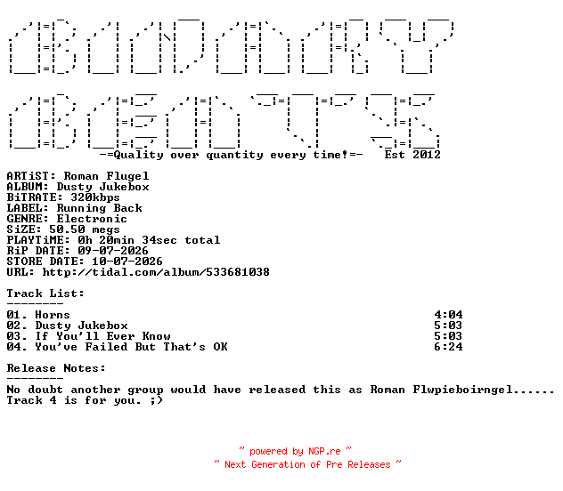 NFO for the release Roman_Flugel-Dusty_Jukebox-(RB147)-WEB-2026-BB by BB