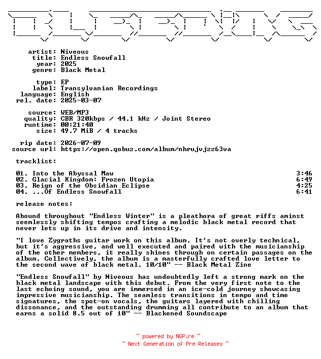 NFO for the release Niveous-Endless_Snowfall-EP-WEB-2025-BLEEDiNG by BLEEDiNG