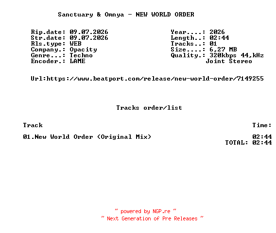 NFO for the release Sanctuary_And_Omnya_-_NEW_WORLD_ORDER-(OPC014PRO)-SINGLE-WEB-2026-FMC by FMC