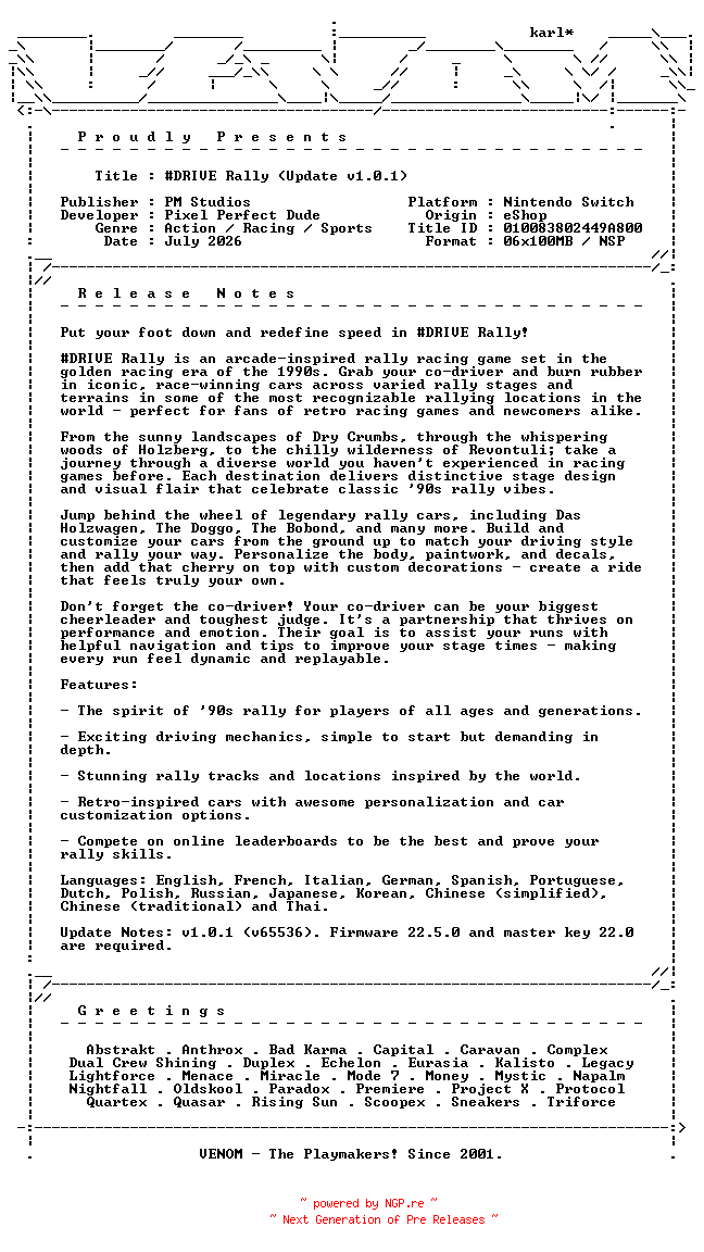NFO for the release DRIVE_Rally_Update_v1.0.1_NSW-VENOM by VENOM