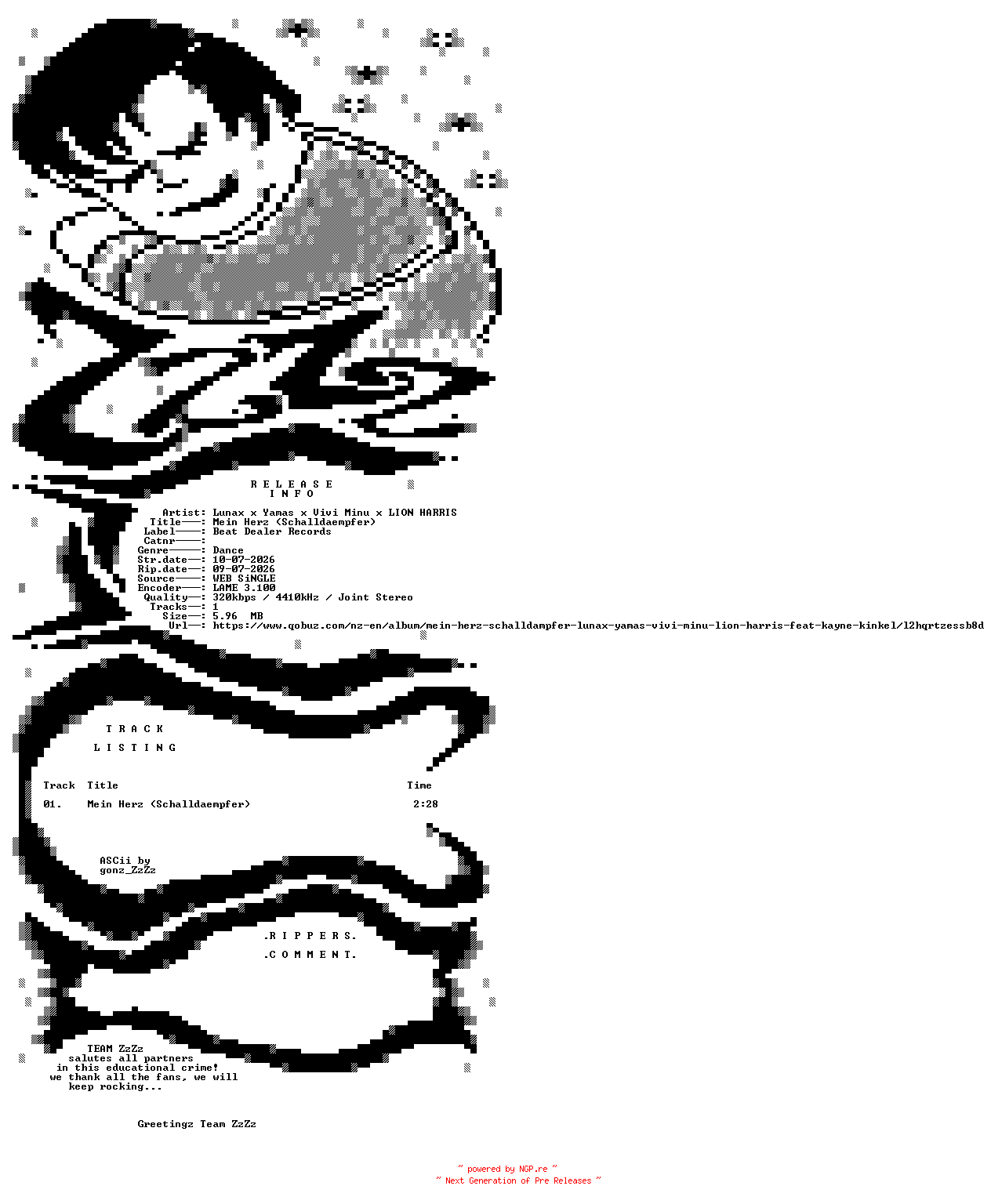 NFO for the release Lunax_x_Yamas_x_Vivi_Minu_x_LION_HARRIS_-_Mein_Herz_(Schalldaempfer)-SINGLE-WEB-DE-2026-ZzZz by ZzZz