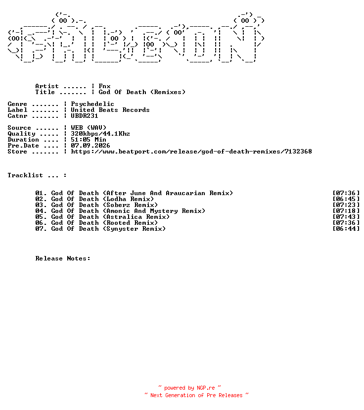 NFO for the release FNX-God_Of_Death_Remixes-(UBDR231)-WEB-2026-FALCON by FALCON