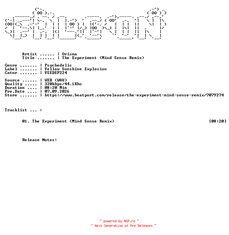 NFO for the release Orisma-The_Experiment_Mind_Sense_Remix-(YSEDEP224)-SINGLE-WEB-2026-FALCON by FALCON