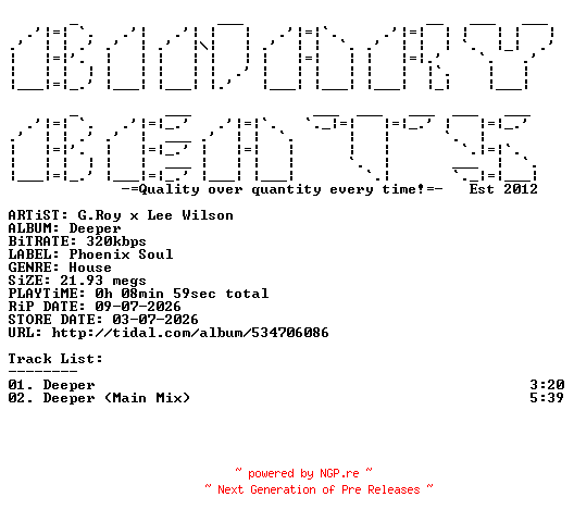 NFO for the release G.Roy_x_Lee_Wilson-Deeper-(PHXS136D)-WEB-2026-BB by BB