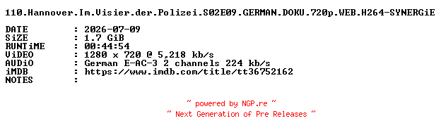 NFO for the release 110.Hannover.Im.Visier.der.Polizei.S02E09.GERMAN.DOKU.720p.WEB.H264-SYNERGiE by SYNERGiE