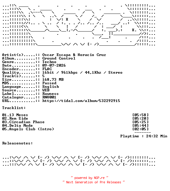 NFO for the release Oscar_Escapa_And_Horacio_Cruz-Ground_Control-RNV001-16BIT-WEB-FLAC-2026-WAVED by WAVED