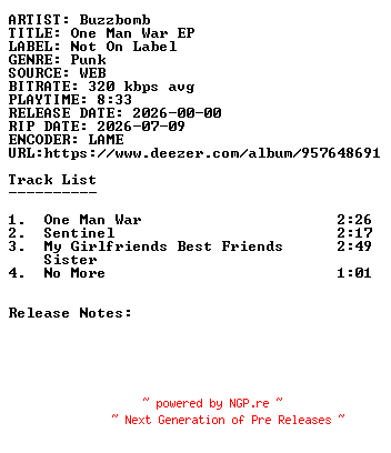 NFO for the release Buzzbomb-One_Man_War_EP-WEB-2026-SDR by SDR
