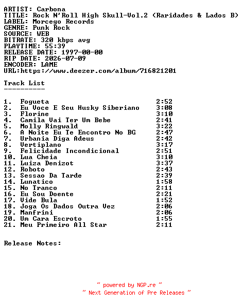 NFO for the release Carbona-Rock_N_Roll_High_Skull-Vol.2_(Raridades_and_Lados_B)-WEB-PT-1997-SDR by SDR