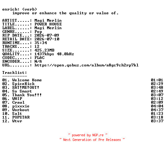 NFO for the release Magi_Merlin-POWER_HOUSE-24BIT-WEB-FLAC-2026-ENRiCH by ENRiCH