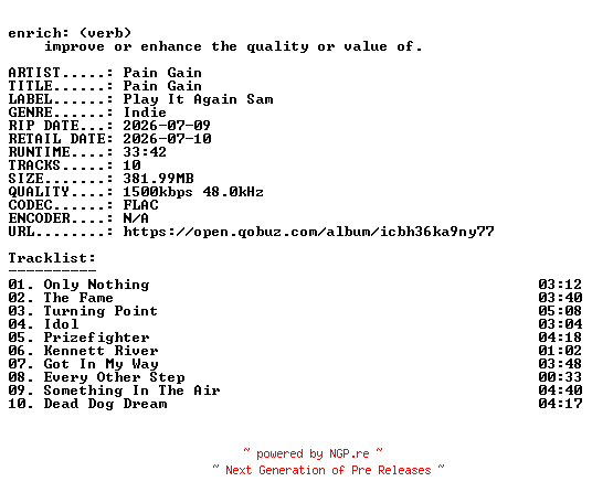 NFO for the release Pain_Gain-Pain_Gain-24BIT-WEB-FLAC-2026-ENRiCH by ENRiCH