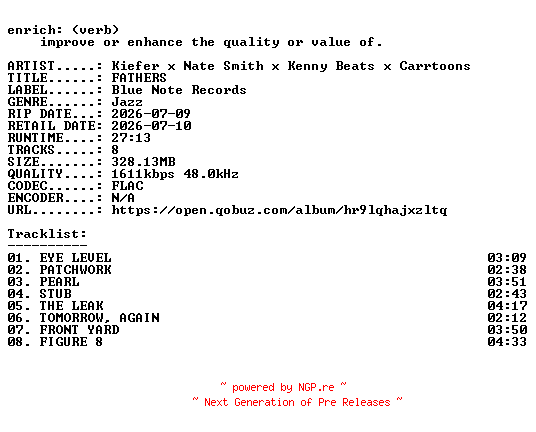 NFO for the release Kiefer_x_Nate_Smith_x_Kenny_Beats_x_Carrtoons-FATHERS-24BIT-WEB-FLAC-2026-ENRiCH by ENRiCH
