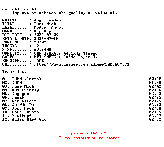 NFO for the release Jugo_Uerdens-Fuer_Mich-WEB-DE-2026-ENRiCH by ENRiCH