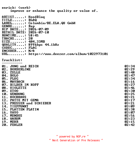 NFO for the release HoodBlaq-BLAQ-DE-16BIT-WEB-FLAC-2026-ENRiCH by ENRiCH