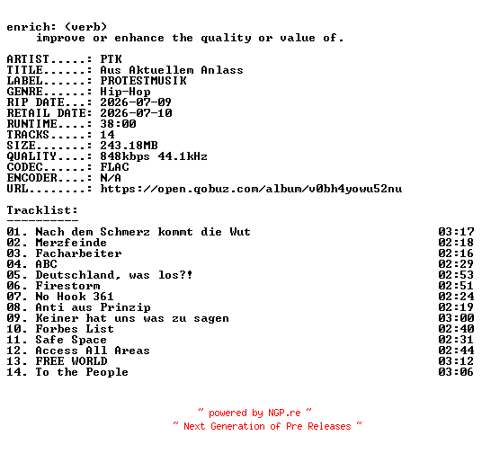 NFO for the release PTK-Aus_Aktuellem_Anlass-DE-16BIT-WEB-FLAC-2026-ENRiCH by ENRiCH