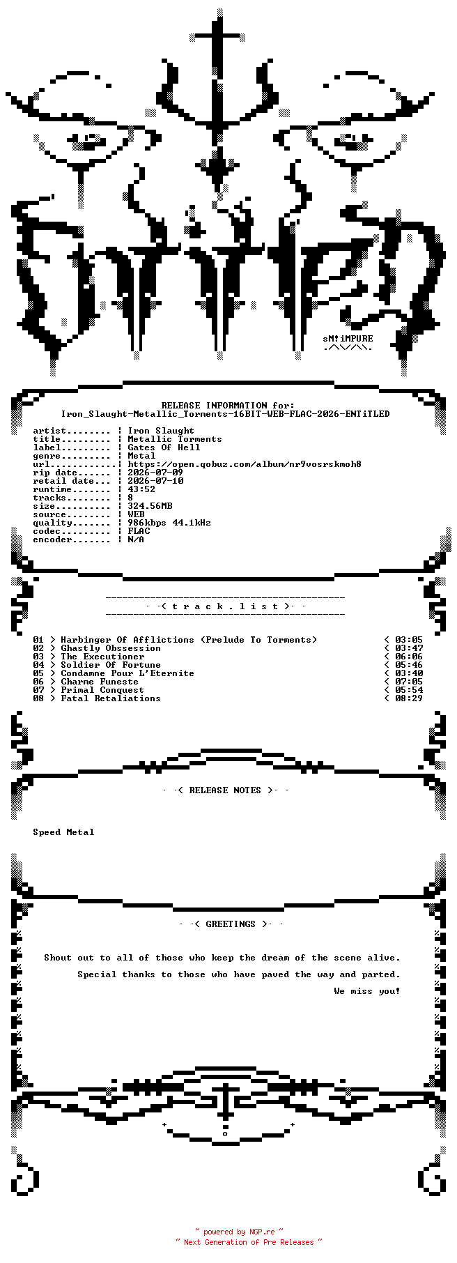 NFO for the release Iron_Slaught-Metallic_Torments-16BIT-WEB-FLAC-2026-ENTiTLED by ENTiTLED