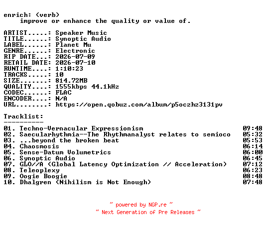 NFO for the release Speaker_Music-Synoptic_Audio-24BIT-WEB-FLAC-2026-ENRiCH by ENRiCH