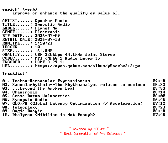 NFO for the release Speaker_Music-Synoptic_Audio-WEB-2026-ENRiCH by ENRiCH
