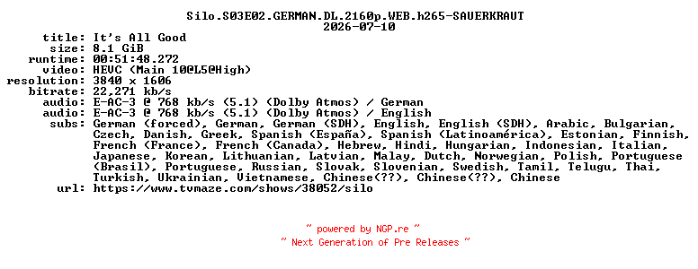 NFO for the release Silo.S03E02.GERMAN.DL.2160p.WEB.h265-SAUERKRAUT by SAUERKRAUT