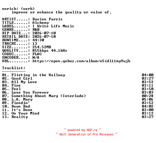 NFO for the release Davion_Farris-Alchemy-16BIT-WEB-FLAC-2026-ENRiCH by ENRiCH
