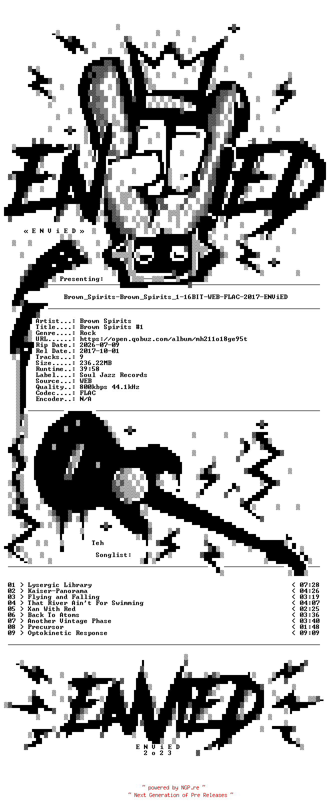 NFO for the release Brown_Spirits-Brown_Spirits_1-16BIT-WEB-FLAC-2017-ENViED by ENViED