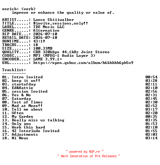 NFO for the release Lance_Skiiiwalker-invitesessionsonly-WEB-2026-ENRiCH by ENRiCH