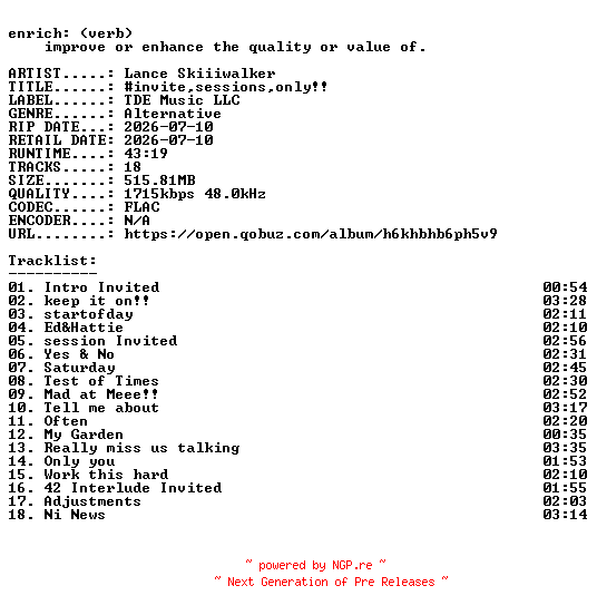 NFO for the release Lance_Skiiiwalker-invitesessionsonly-24BIT-WEB-FLAC-2026-ENRiCH by ENRiCH