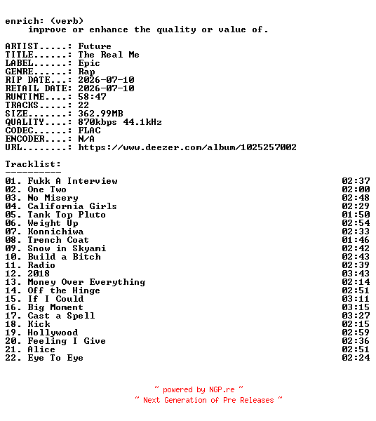 NFO for the release Future-The_Real_Me-16BIT-WEB-FLAC-2026-ENRiCH by ENRiCH