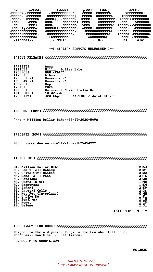 NFO for the release Anna_-_Million_Dollar_Babe-WEB-IT-2026-UOVA by UOVA