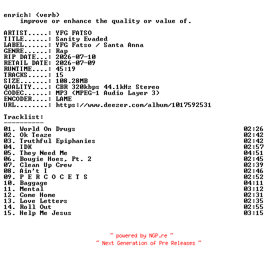 NFO for the release YFG_FATSO-Sanity_Evaded-WEB-2026-ENRiCH by ENRiCH