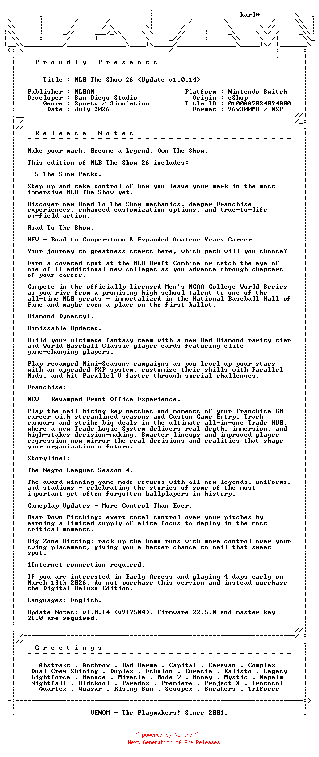 NFO for the release MLB_The_Show_26_Update_v1.0.14_NSW-VENOM by VENOM