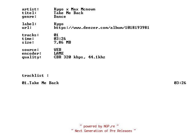 NFO for the release Kygo_X_Max_Mcnown_-_Take_Me_Back-SINGLE-WEB-2026-BITCOINS by BITCOINS