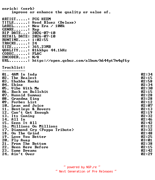 NFO for the release FCG_HEEM-Hood_Bluez_(Deluxe)-16BIT-WEB-FLAC-2026-ENRiCH by ENRiCH