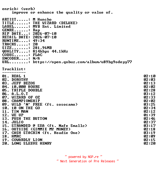 NFO for the release M_Huncho-THE_WIZARD_(DELUXE)-16BIT-WEB-FLAC-2026-ENRiCH by ENRiCH