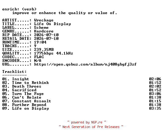 NFO for the release Wreckage-Life_On_Display-24BIT-WEB-FLAC-2026-ENRiCH by ENRiCH