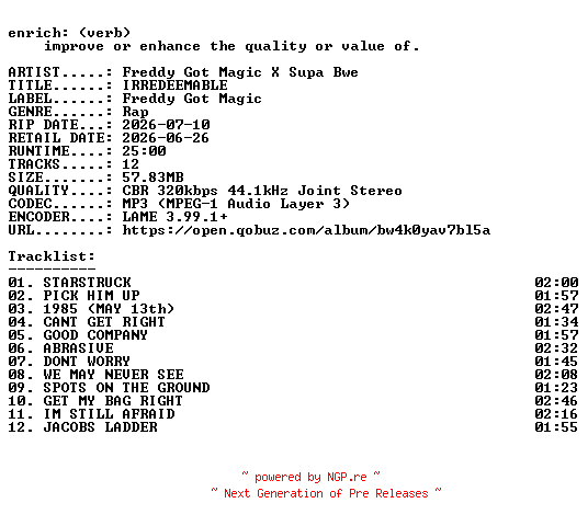 NFO for the release Freddy_Got_Magic_X_Supa_Bwe-IRREDEEMABLE-WEB-2026-ENRiCH by ENRiCH