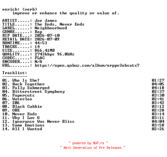NFO for the release Joe_James-The_Ends_Never_Ends-24BIT-WEB-FLAC-2026-ENRiCH by ENRiCH