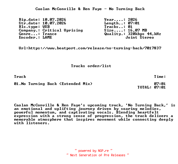 NFO for the release Caolan_Mcconville_And_Ren_Faye_-_No_Turning_Back-(CSR776)-SINGLE-WEB-2026-FMC by FMC