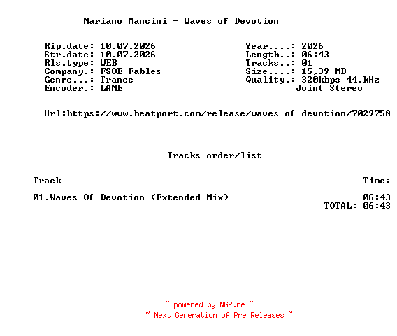 NFO for the release Mariano_Mancini_-_Waves_Of_Devotion-(FSOEF136)-SINGLE-WEB-2026-FMC by FMC