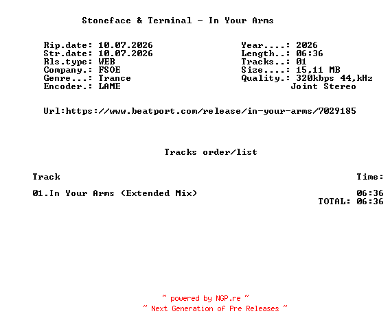 NFO for the release Stoneface_And_Terminal_-_In_Your_Arms-(FSOE1021)-SINGLE-WEB-2026-FMC by FMC