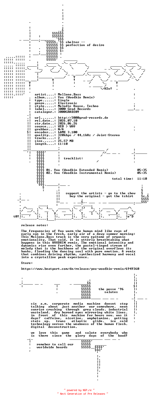 NFO for the release Mollono.Bass--You_(Woodkin_Remix)-(3000GRAD209)-WEB-2026-SHELTER by SHELTER