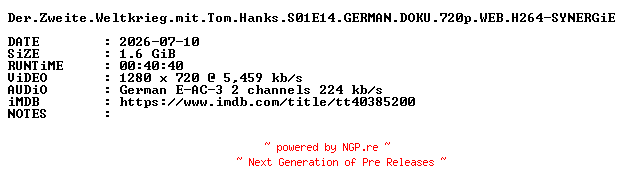 NFO for the release Der.Zweite.Weltkrieg.mit.Tom.Hanks.S01E14.GERMAN.DOKU.720p.WEB.H264-SYNERGiE by SYNERGiE