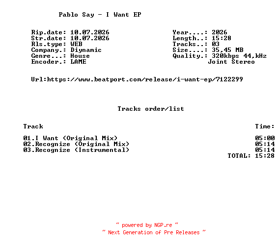 NFO for the release Pablo_Say_-_I_Want_EP-(DIYNAMIC291)-WEB-2026-FMC by FMC